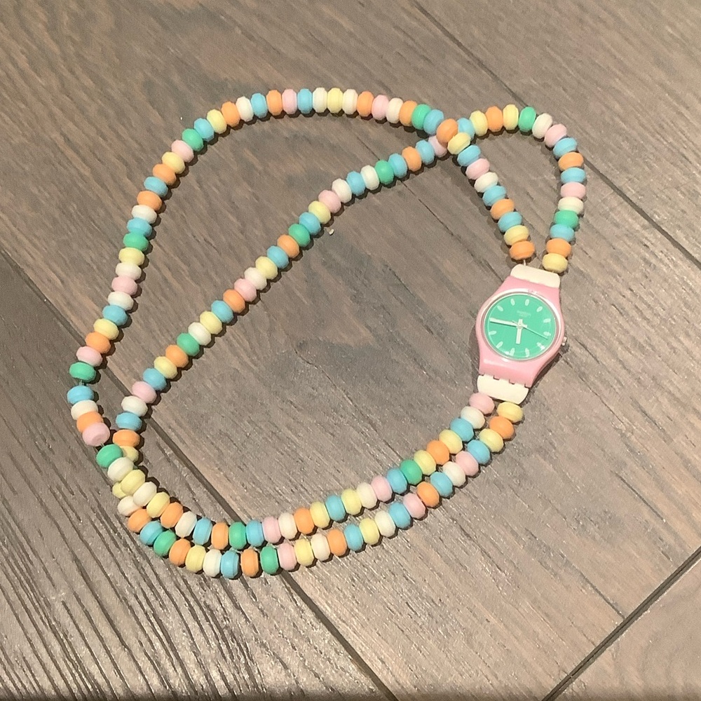 Swatch Pastel Pink Watch Necklace with Mint Green Dial